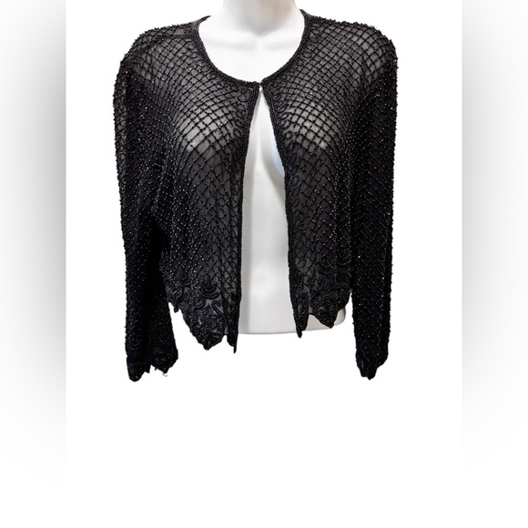 VTG Scala 100% Silk Beaded Short Bolero Jacket Scalloping L Black Formal Wedding - Picture 3 of 11
